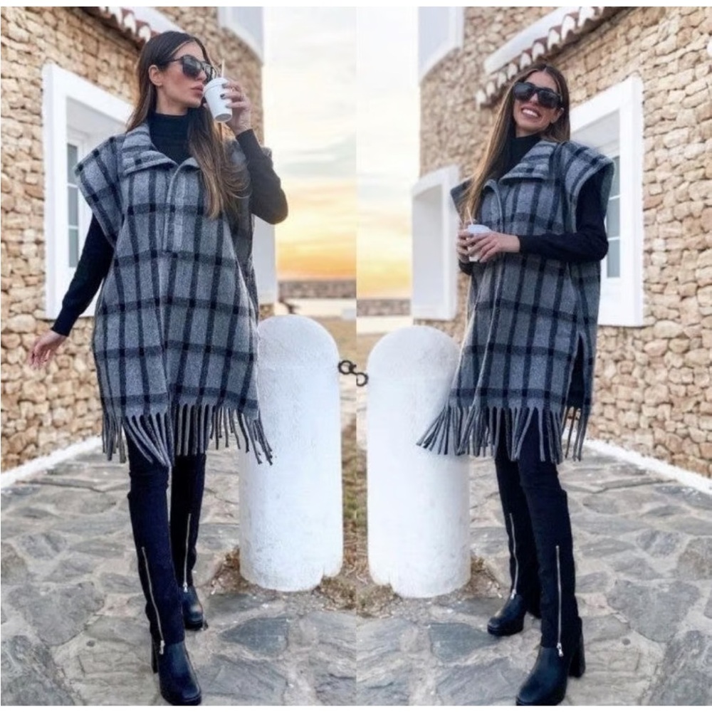 ZARA Plaid Wool Blend Oversized Poncho Fringe Hem‎ size XS